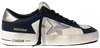 Golden Goose Stardan in optic white leather with navy star and silver heel tab, distressed finish.