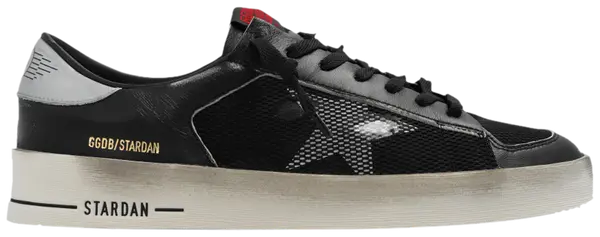 Golden Goose Stardan 'Black Silver' sneaker with mesh upper, silver leather overlays, and distressed sole.
