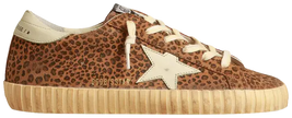 Golden Goose Women's Superstar 'Leopard' sneaker in brown suede with leopard print, black star logo, and distressed rubber sole.
