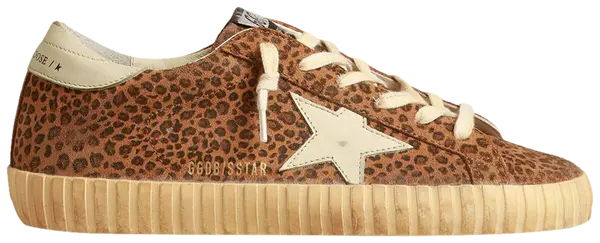 Golden Goose Women's Superstar 'Leopard' sneaker in brown suede with leopard print, black star logo, and distressed rubber sole.