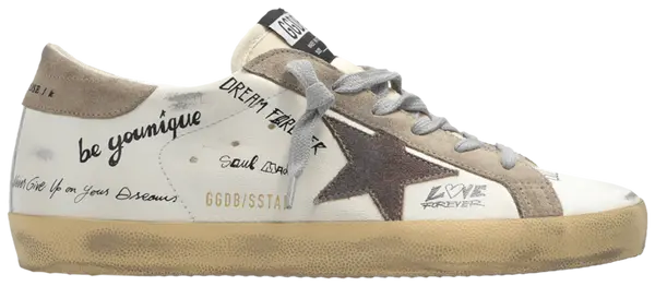 Golden Goose Wmns Superstar sneaker in white leather with taupe suede star and cinder heel, featuring a pre-distressed sole.
