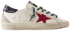 Golden Goose women's Superstar sneaker in white leather with blue glitter star, pink heel tab, and distressed vintage sole.