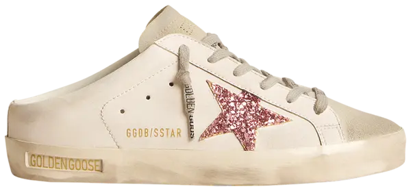 Golden Goose Superstar Sabot women's sneaker in white textile with pink glitter star and backless mule design.