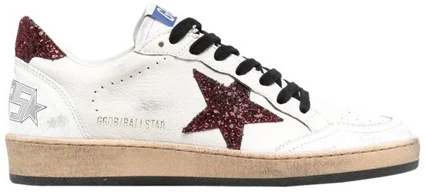 Golden Goose Wmns Ball Star white leather sneakers for women with Bordeaux wine-colored accents and distressed finish.