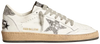 Golden Goose Ball Star women’s sneaker in white leather with silver glitter star and metallic heel, featuring vintage-style distressed sole.

