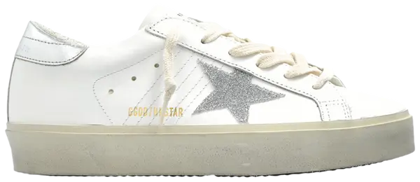 Golden Goose Women's Hi Star sneaker in optic white leather with silver star and heel tab, platform sole, and distressed details.

