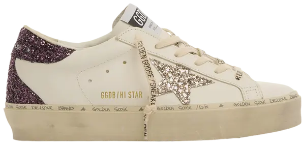 Golden Goose women's Hi Star sneaker in white leather with Cabernet red star and Cinder heel, distressed platform sole design.