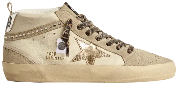 Golden Goose Mid Star women's sneaker in beige suede with Swarovski crystal star and leopard-print laces.

