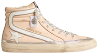 Golden Goose Swarovski Slide Sneaker women’s pink leather slip-on with white and silver accents and crystal-studded star logo.

