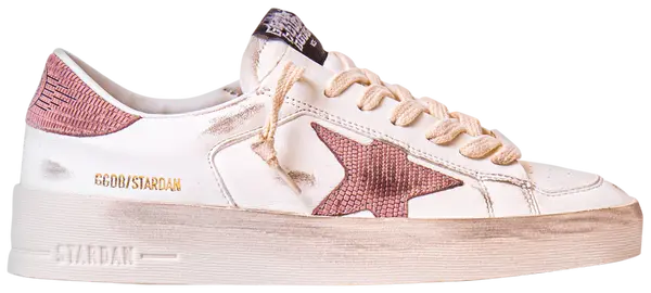 Golden Goose Wmns Stardan 'Cream Pink' sneaker with cream leather upper, pink heel tab, and vintage distressed sole.