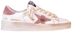 Golden Goose Wmns Stardan 'Cream Pink' sneaker with cream leather upper, pink heel tab, and vintage distressed sole.