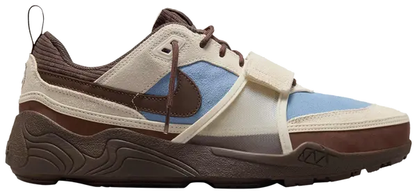 Travis Scott x Nike Zoom Field Jaxx ‘Leche Blue’ sneaker with slate blue suede, khaki overlays, Baroque Brown Swoosh, and brown sculpted Zoom midsole.