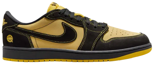 Air Jordan 1 Retro Low OG 'Quai 54' 2025 with black leather upper, yellow toe and heel, red Swoosh and heel tab, and Quai 54 branding.

