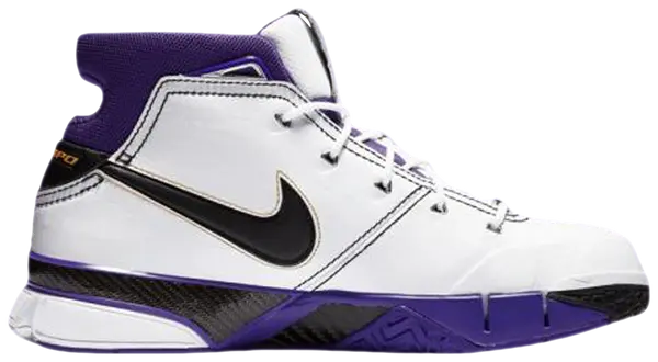 Nike Zoom Kobe 1 Protro 81 Points sneaker in white leather with black Swoosh and purple collar.