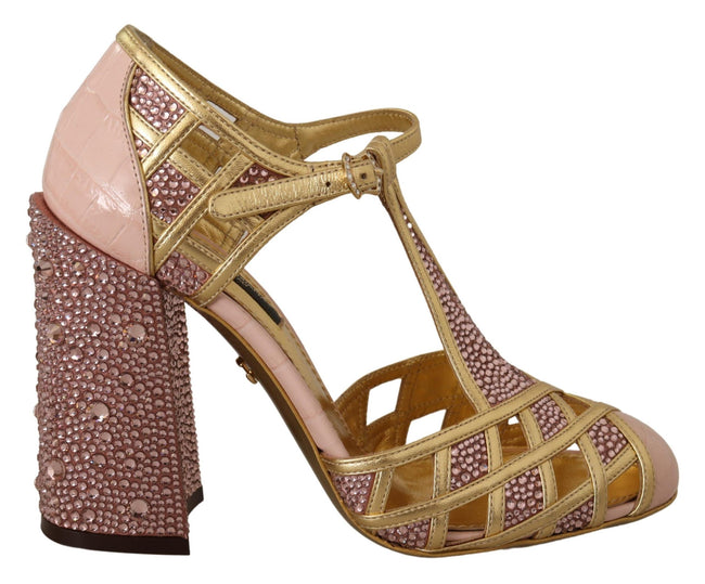 Dolce & Gabbana Zapatos de salón con tiras en T de cuero rosa dorado con cristales