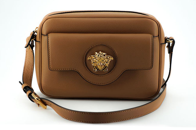 Versace – Elegante Kameratasche aus braunem Leder, Umhängetasche