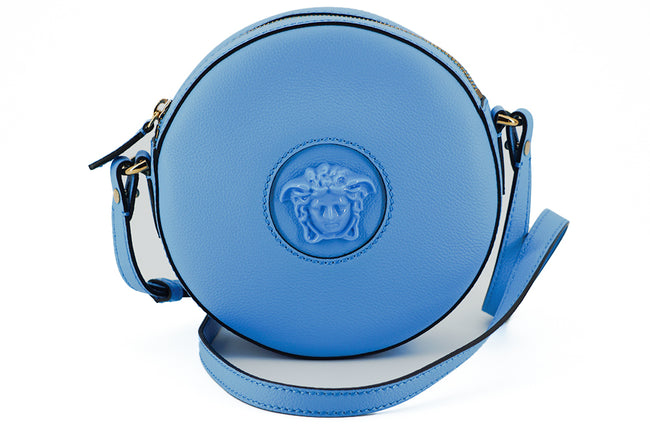 Versace Chic – Runde Umhängetasche aus blauem Leder