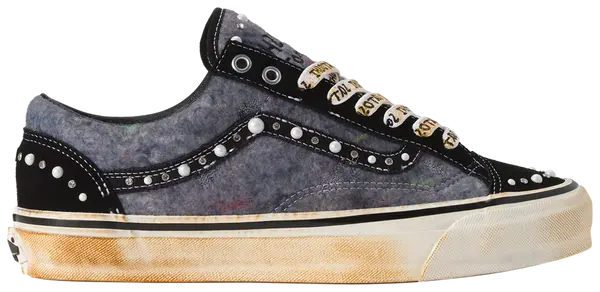 SATOSHI NAKAMOTO x Vans Old Skool Reissue 36 'Speckled Moving Blanket Grey' sneaker in speckled grey suede with tonal Vans side stripe and vulcanized sole.

