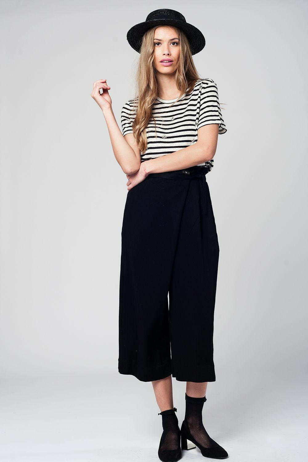 Black Culotte With Tie Waist and Stretch Back - Genuine Authentic Brand