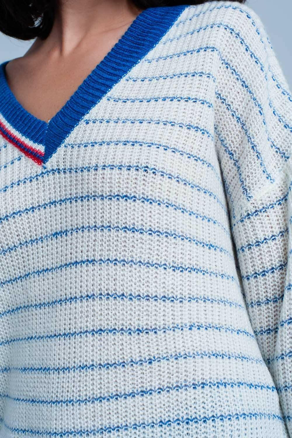 Blue Striped Sweater With V-Neck - Genuine Authentic Brand