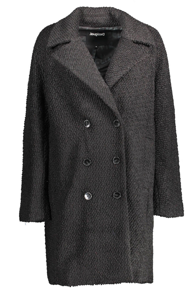 Desigual Chic Wool-Blend Black Coat with Signature Accents