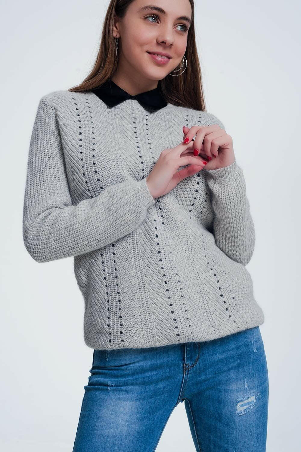 Gray Sweater With Knitted Stripe Detail - GENUINE AUTHENTIC BRAND LLC