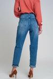 High Waist Mom Jeans With Ripped Knees in Dark Wash Blue - GENUINE AUTHENTIC BRAND LLC