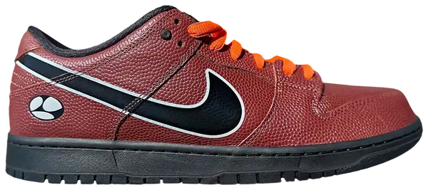 Limosine x Nike Dunk Low SB 'Football' sneaker with orange basketball leather upper, black glossy Swoosh, white trim, and Zoom Air sole for skateboarding.

