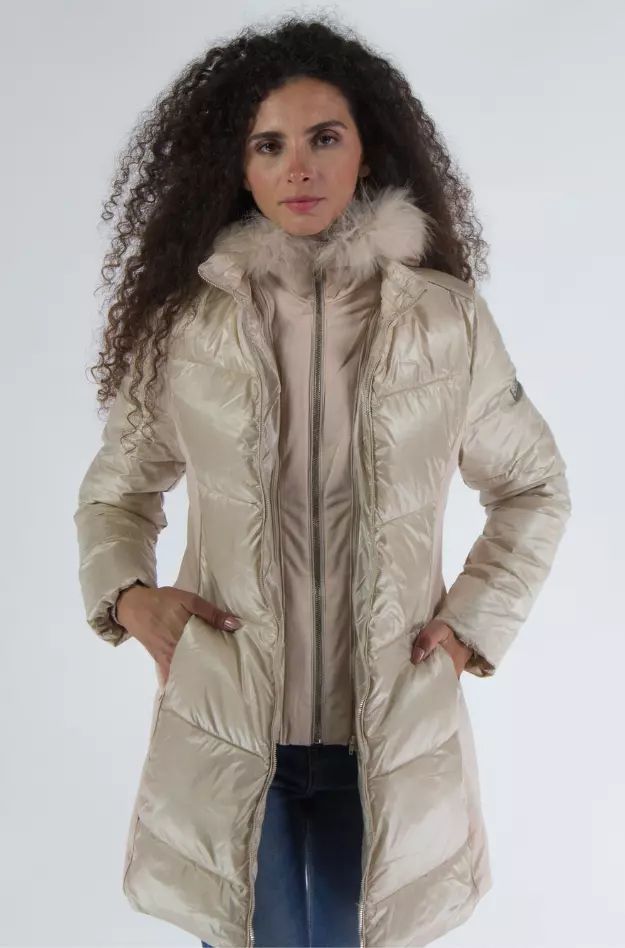 Yes Zee Elegant Beige Padded Jacket with Fur Hood