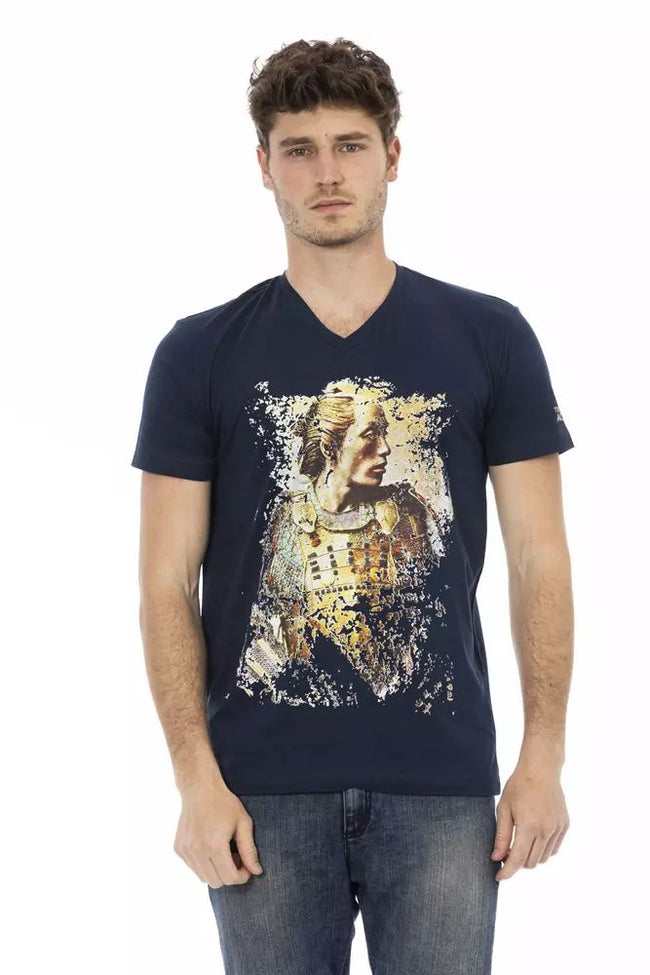 Trussardi Action Chic Blue V-Neck Tee with Elegant Front Print