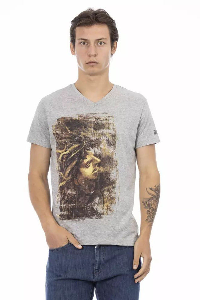 Trussardi Action Chic – Graues T-Shirt mit V-Ausschnitt und stylischem Frontprint