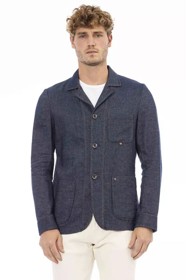 Distretto12 Chic Blue Linen-Blend Jacket with Backpack Feature