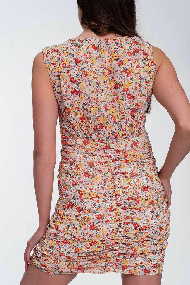 Ruched Bodycon Mini Dress in Floral Mesh Print - GENUINE AUTHENTIC BRAND LLC