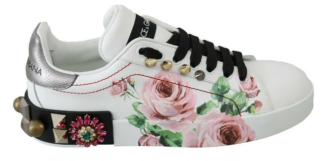 Dolce & Gabbana Zapatos deportivos con flores y rosas de cristal de cuero blanco