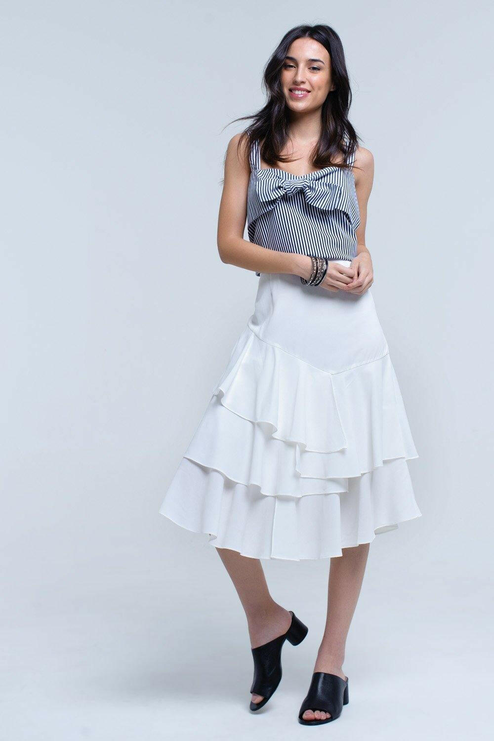 White Midi Skirt With Ruffle Detail - GENUINE AUTHENTIC BRAND LLC