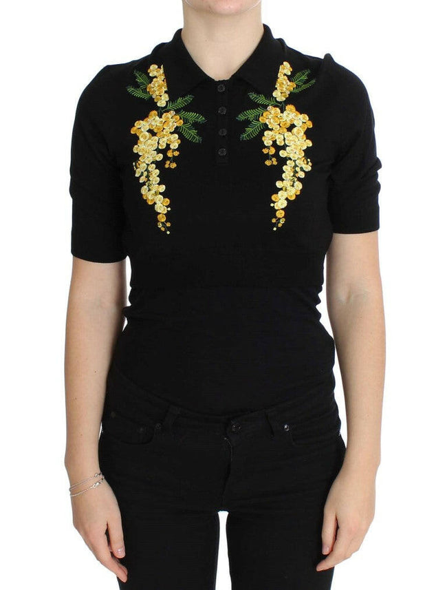 Dolce & Gabbana Black Silk Floral Embroidered Polo Top - GENUINE AUTHENTIC BRAND LLC  