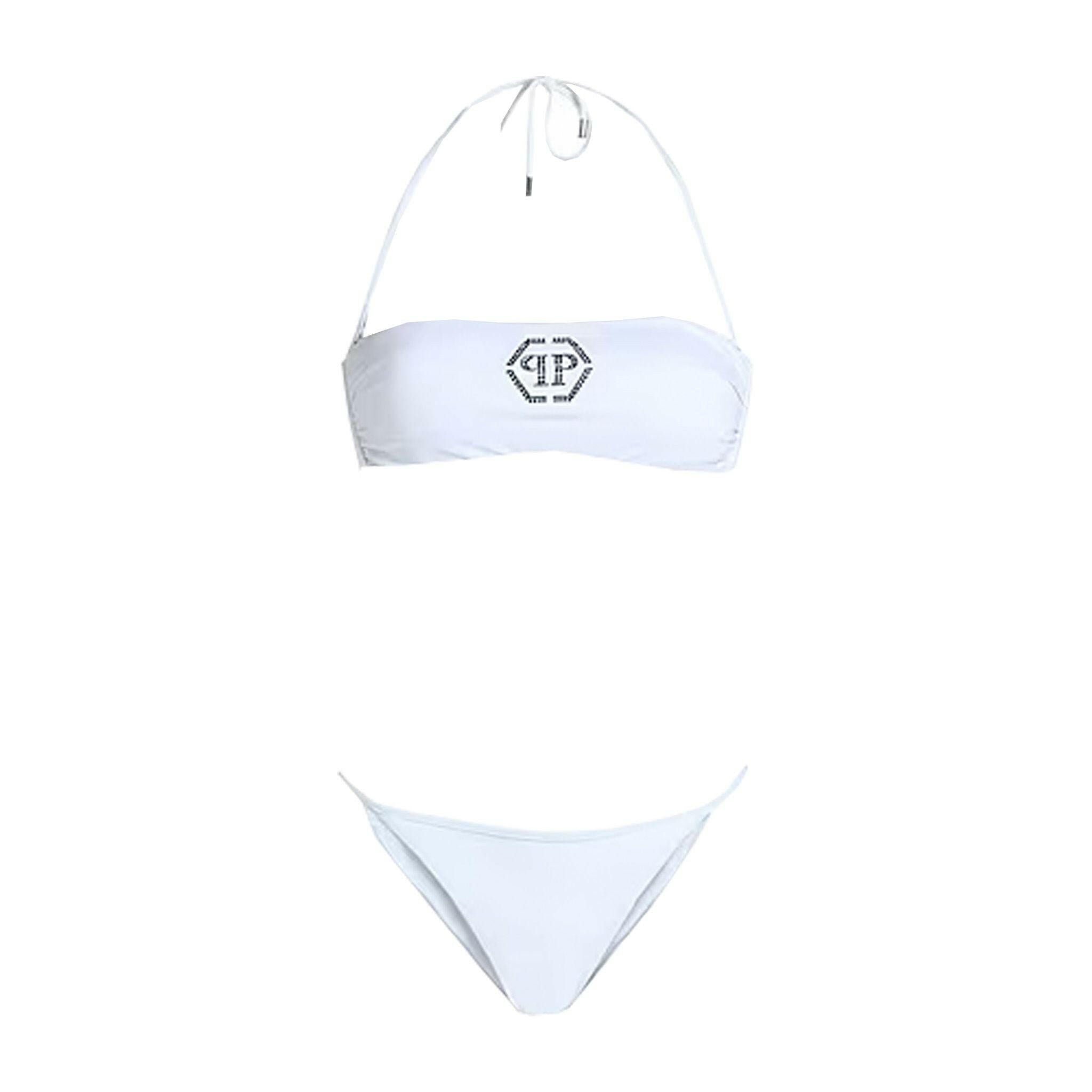 Philipp Plein Bandeau Bikini in White with Crystal Logo - GENUINE AUTHENTIC BRAND LLC  