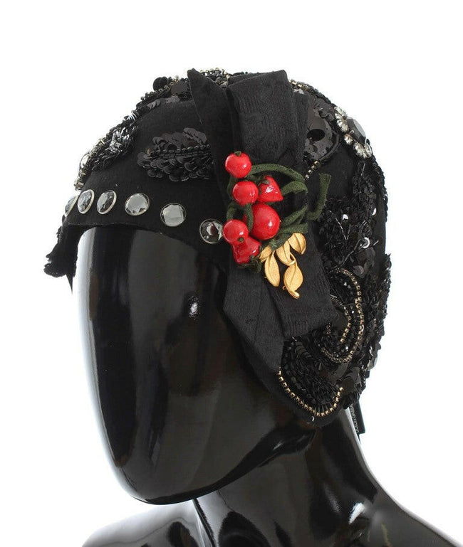 Dolce & Gabbana Elegant Black Crystal-Adorned Cloche Hat.
