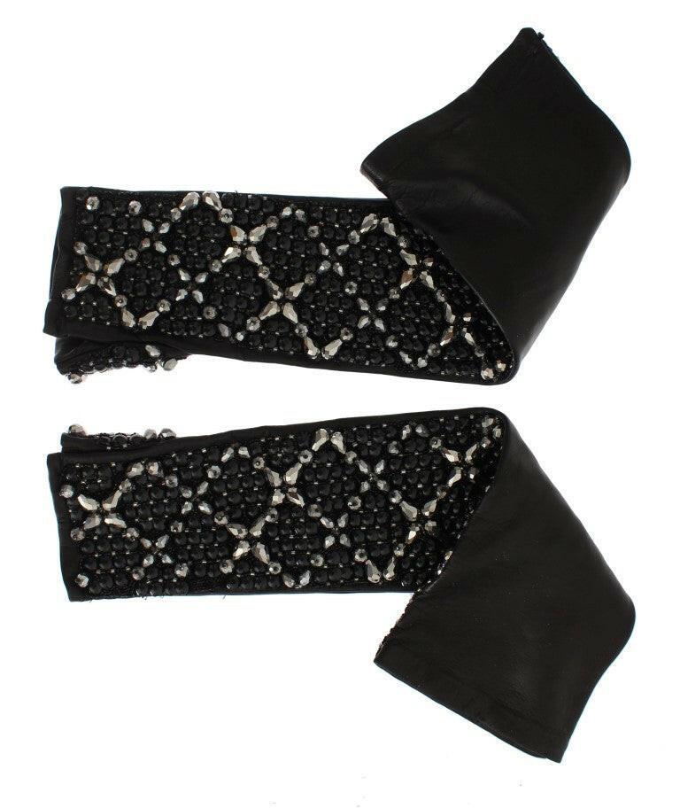 Dolce & Gabbana Elegant Black Crystal Beaded Leather Gloves.