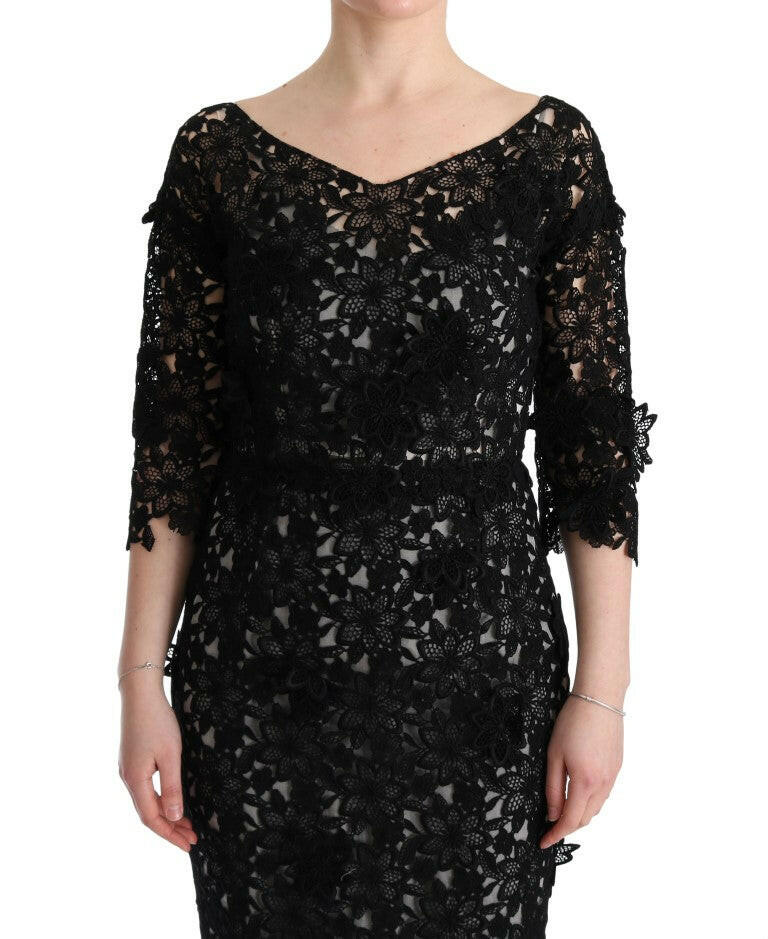 Dolce & Gabbana Elegant Black Maxi Shift Dress with Floral Applique.