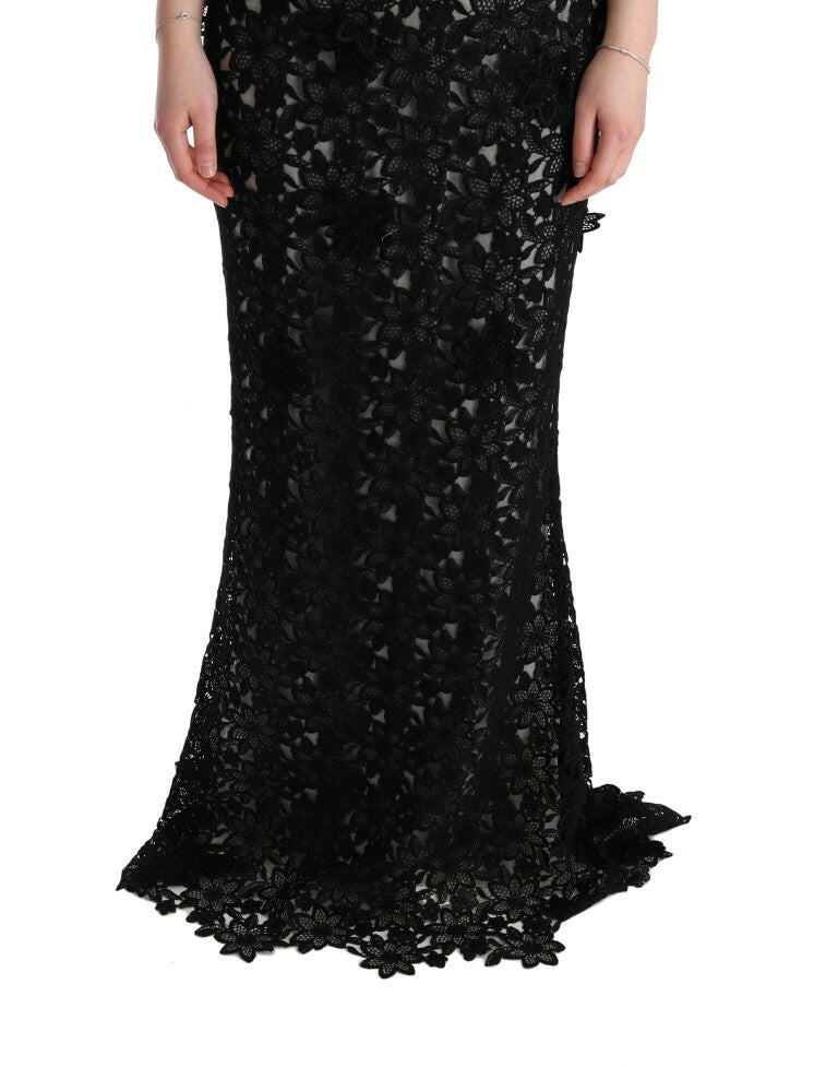 Dolce & Gabbana Elegant Black Maxi Shift Dress with Floral Applique.