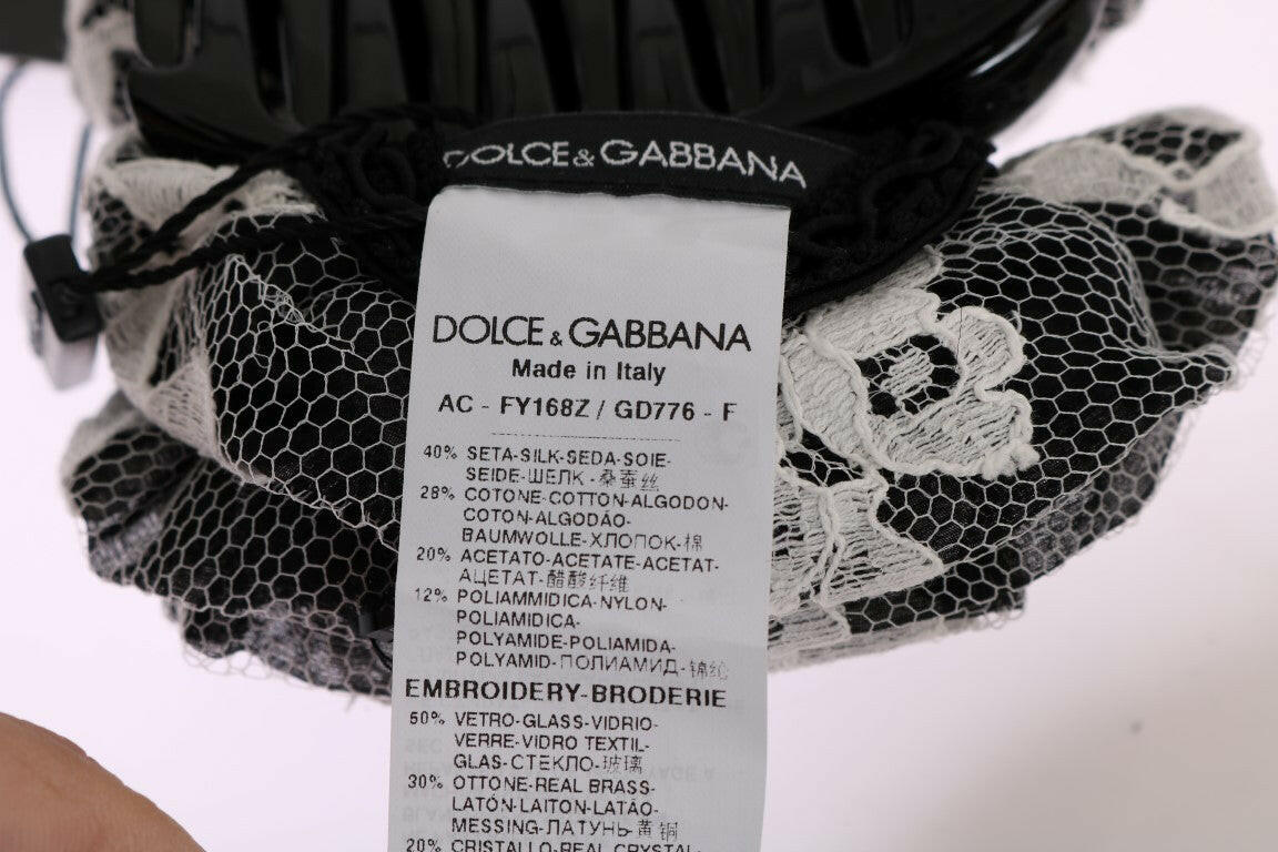 Dolce & Gabbana Elegant Black & White Floral Lace Crystal Hair Claw.