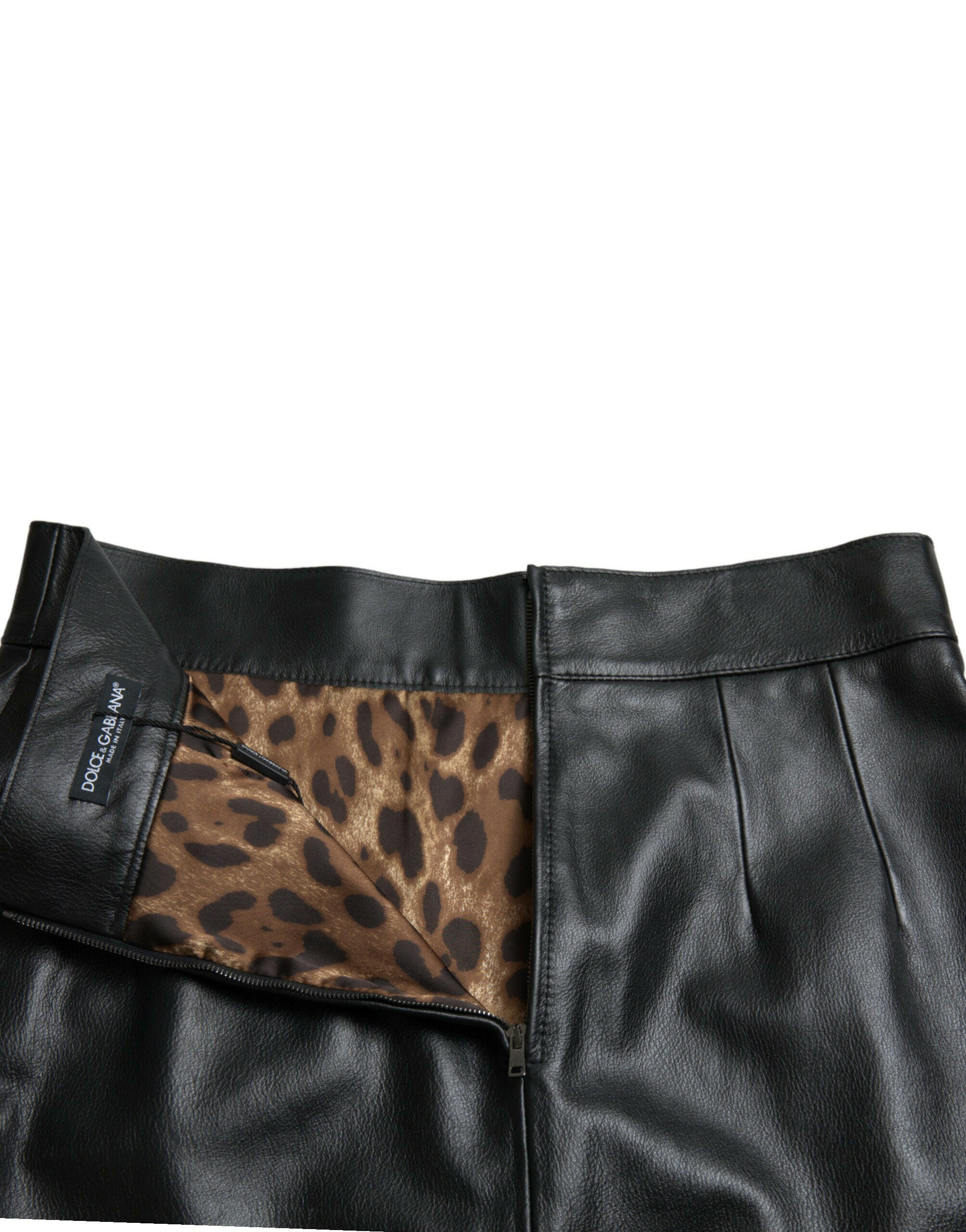 Dolce & Gabbana Black Leather High Waist A-line Mini Skirt.