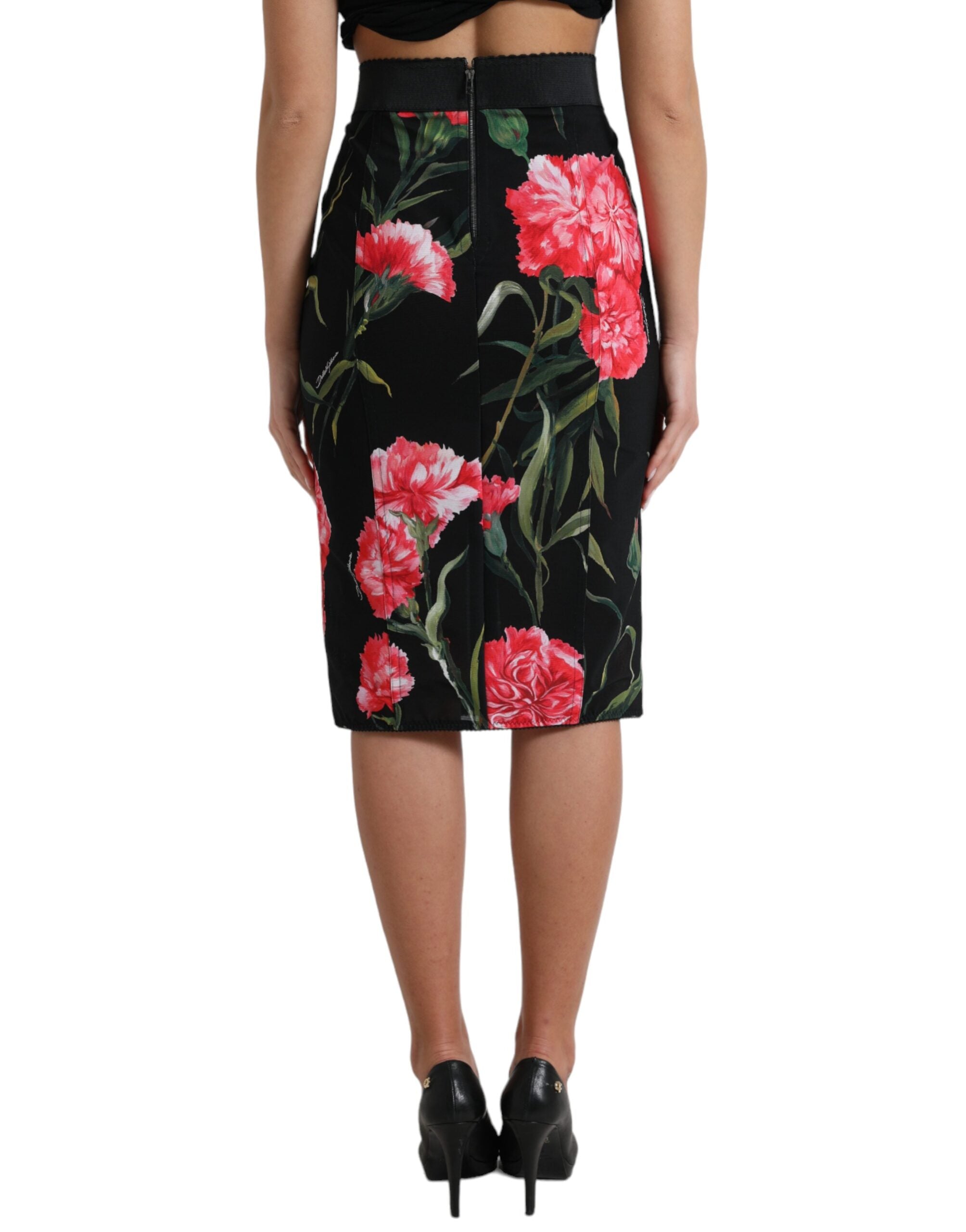 Dolce & Gabbana Black Carnation Pencil Cut Knee Length Skirt.