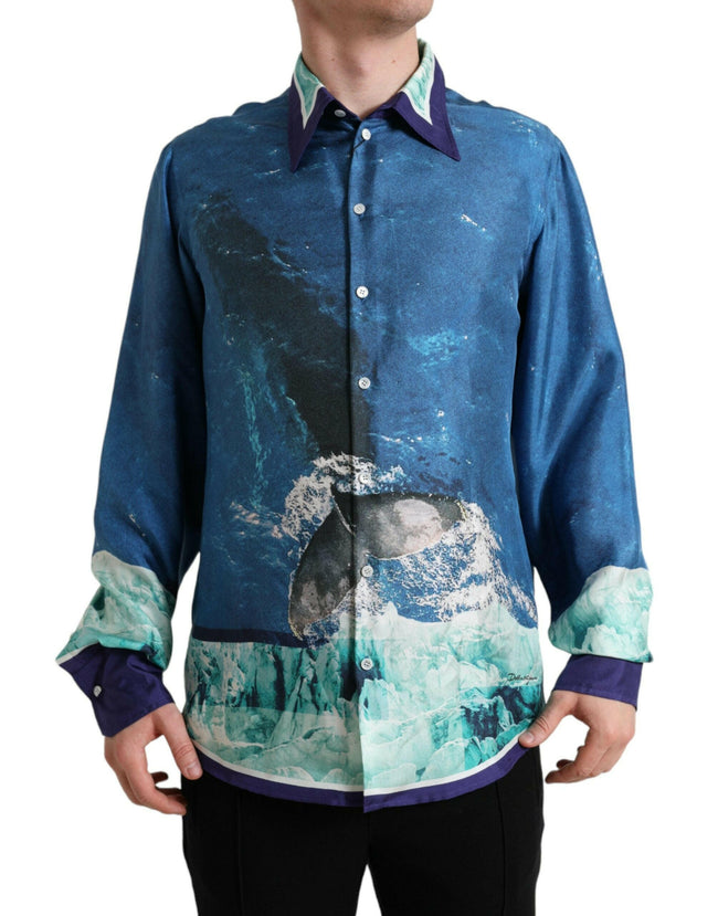 Dolce & Gabbana Blue Ocean Print Silk Collared Button Down Shirt
