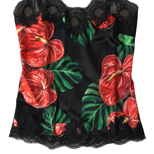 Dolce & Gabbana Black Anthurium Print Silk Camisole Top Underwear - GENUINE AUTHENTIC BRAND LLC  