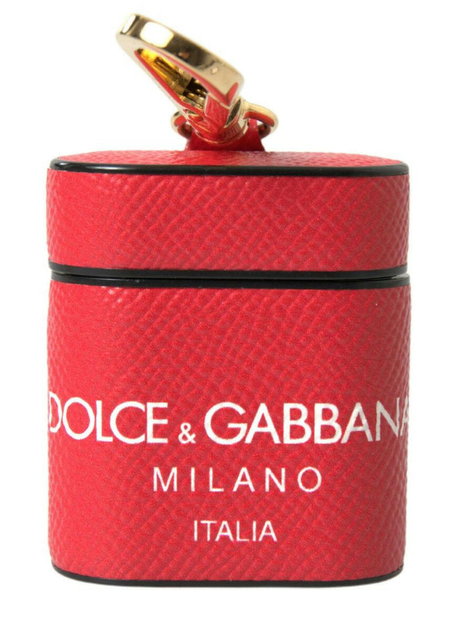 Dolce & Gabbana Red Leather Gold Tone Metal Logo Print Strap Airpods Case - GENUINE AUTHENTIC BRAND LLC  