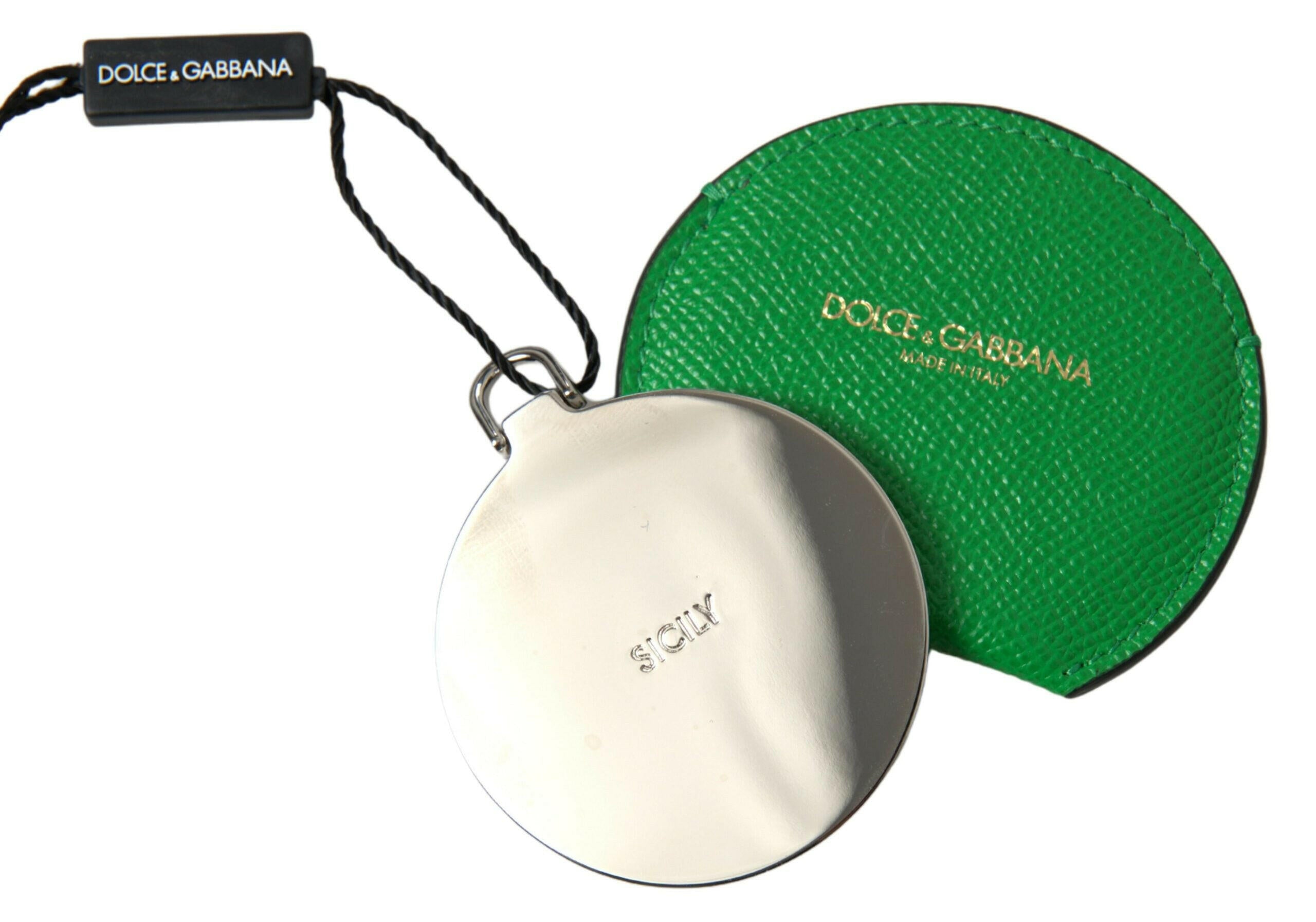 Dolce & Gabbana Green Calfskin Leather Round Logo Hand Mirror Holder - GENUINE AUTHENTIC BRAND LLC  