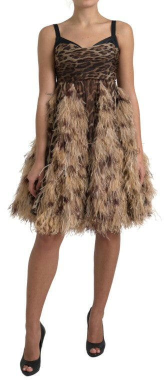 Dolce & Gabbana Brown Leopard Feather Chiffon Sleeveless Dress - GENUINE AUTHENTIC BRAND LLC  