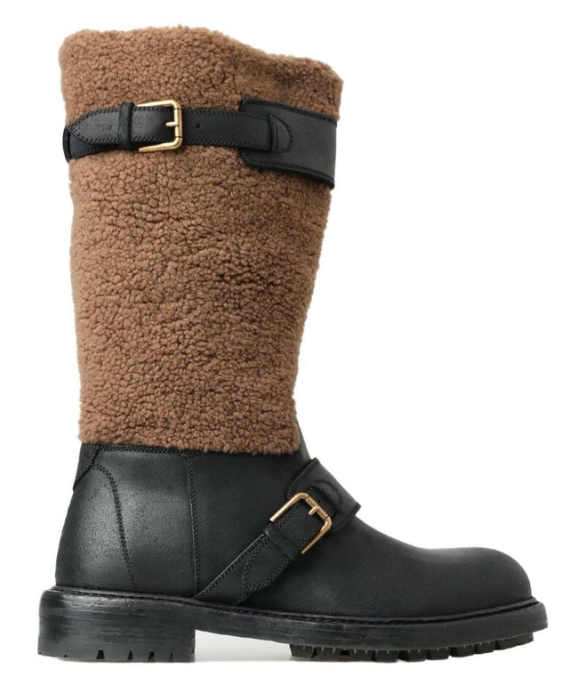 Dolce & Gabbana Black Leather Brown Shearling Boots - GENUINE AUTHENTIC BRAND LLC  